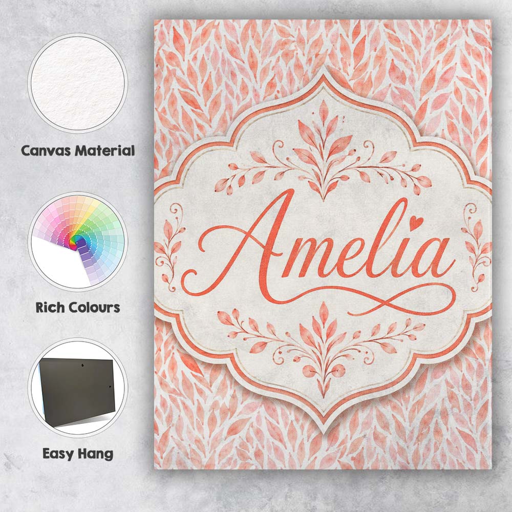 Personalised Name Soft Coral Leaf Botanical Custom Bespoke Interior Contemporary Canvas Wall Art Print Decor Picture Ready to Hang