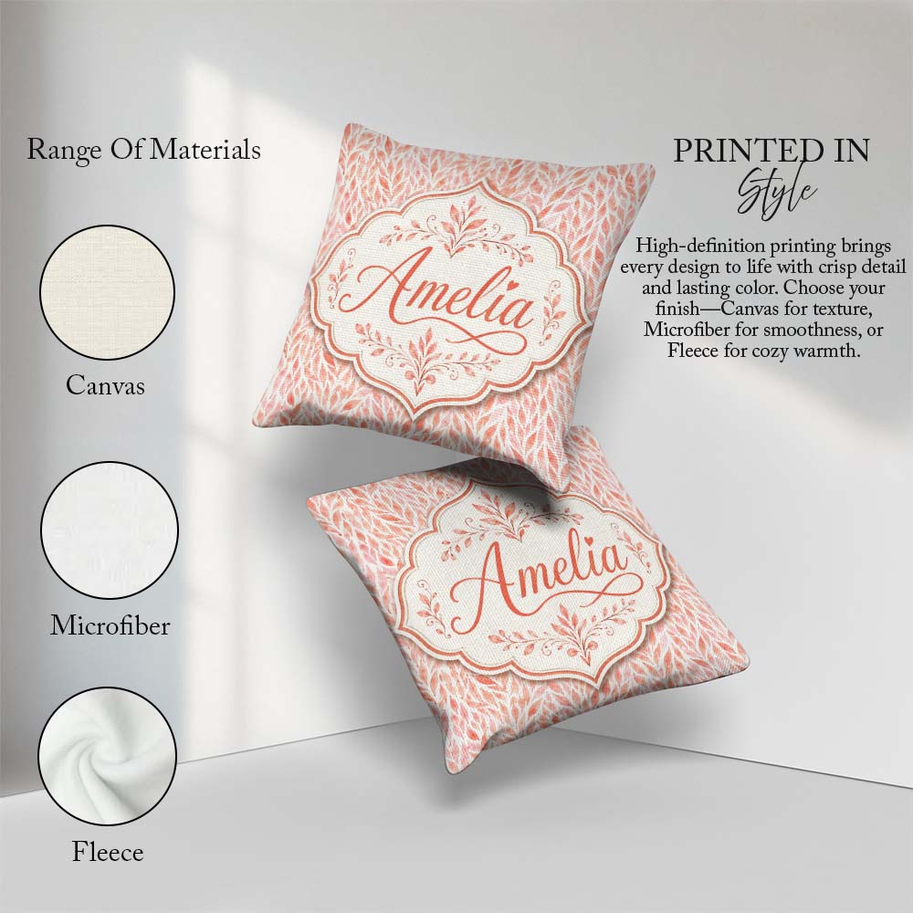Custom Name Soft Coral Leaf Botanical Texture Seamless Pattern Square Filled Cushion Throw Pillow Sofa Bed Home Decor Zip Washable UK Made