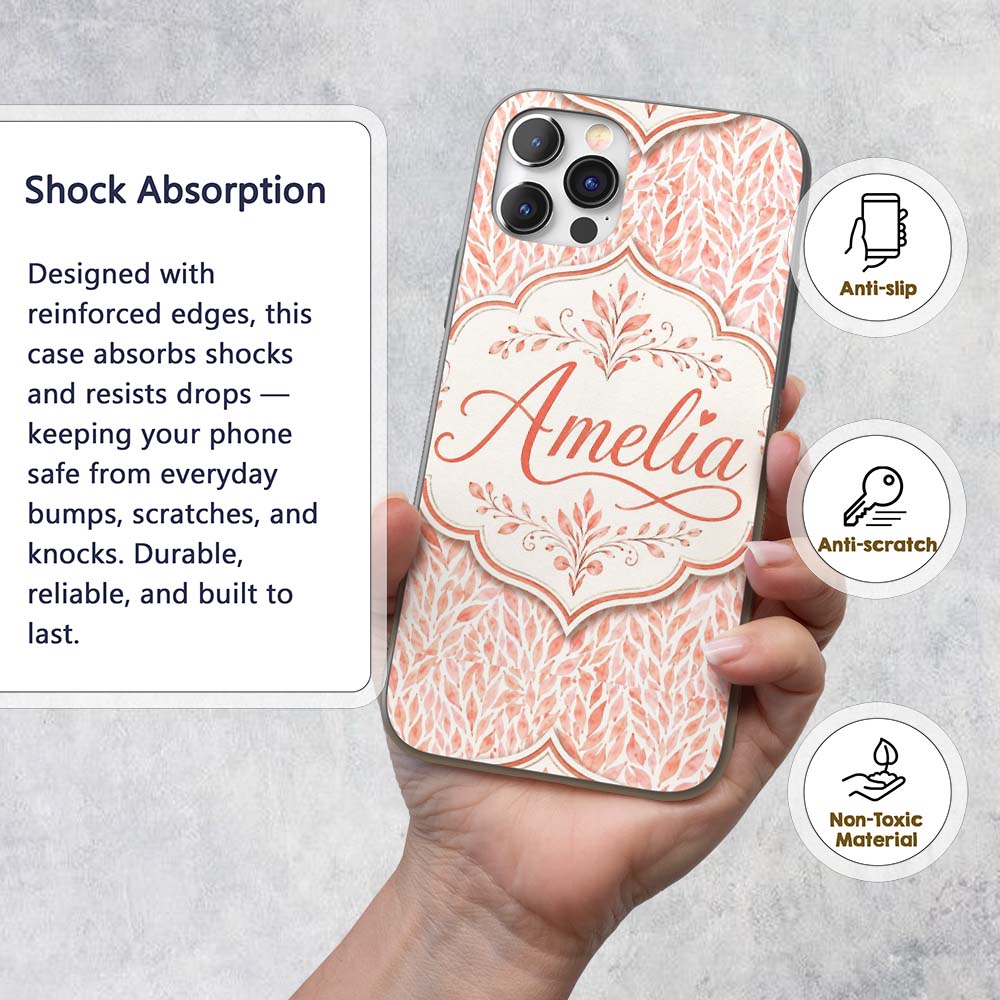 Soft Coral Leaf Botanical Texture Printed Design Custom Name Protective Phone Case Mobile Cover Durable Everyday Smartphone Shock Resistant