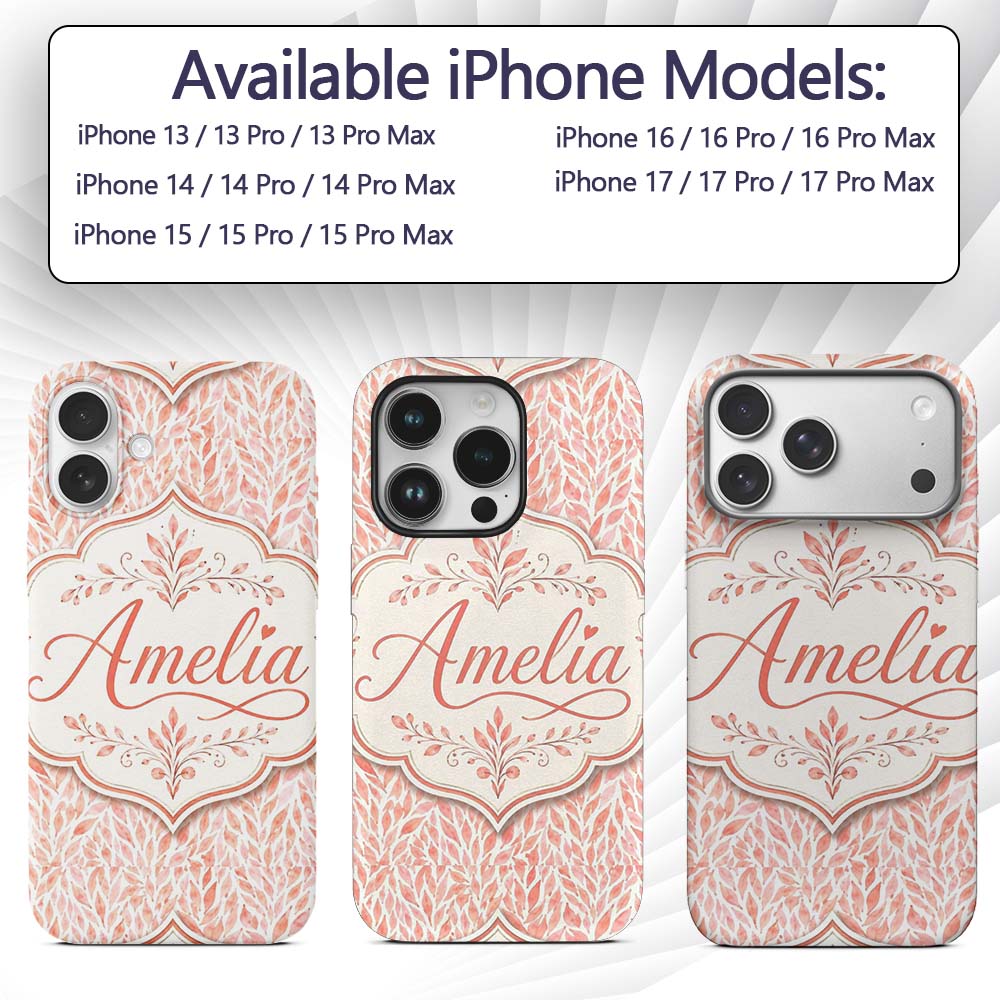 Soft Coral Leaf Botanical Texture Printed Design Custom Name Protective Phone Case Mobile Cover Durable Everyday Smartphone Shock Resistant