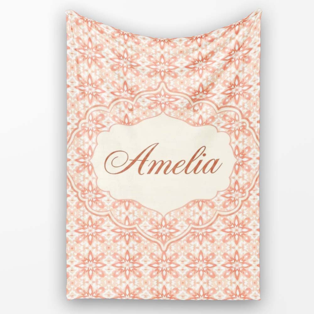 Peach Floral Geometric Tile Seamless Pattern Stylish Everyday Personalised Custom Name Super Soft Fleece Blanket Bed Sofa Throw