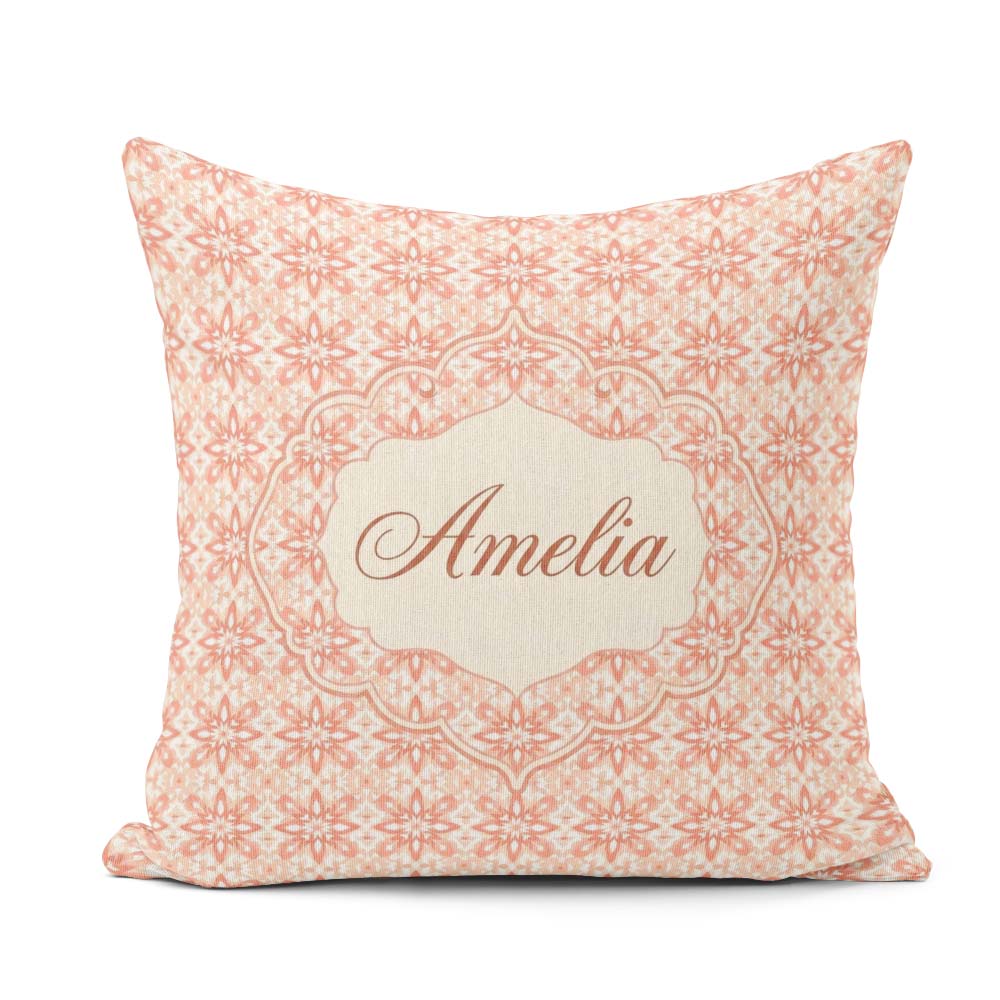 Custom Name Peach Floral Geometric Tile Seamless Pattern Stylish Square Filled Cushion Throw Pillow Sofa Bed Home Decor Zip Washable UK Made
