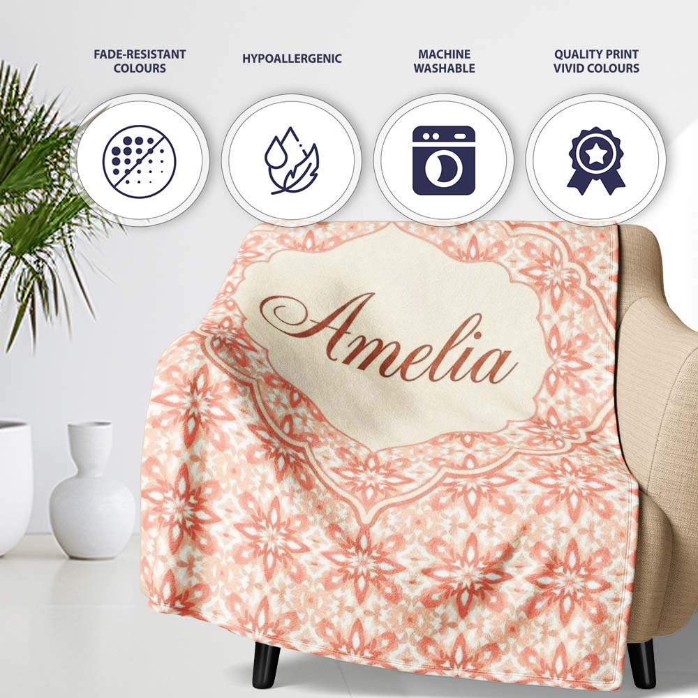Peach Floral Geometric Tile Seamless Pattern Stylish Everyday Personalised Custom Name Super Soft Fleece Blanket Bed Sofa Throw