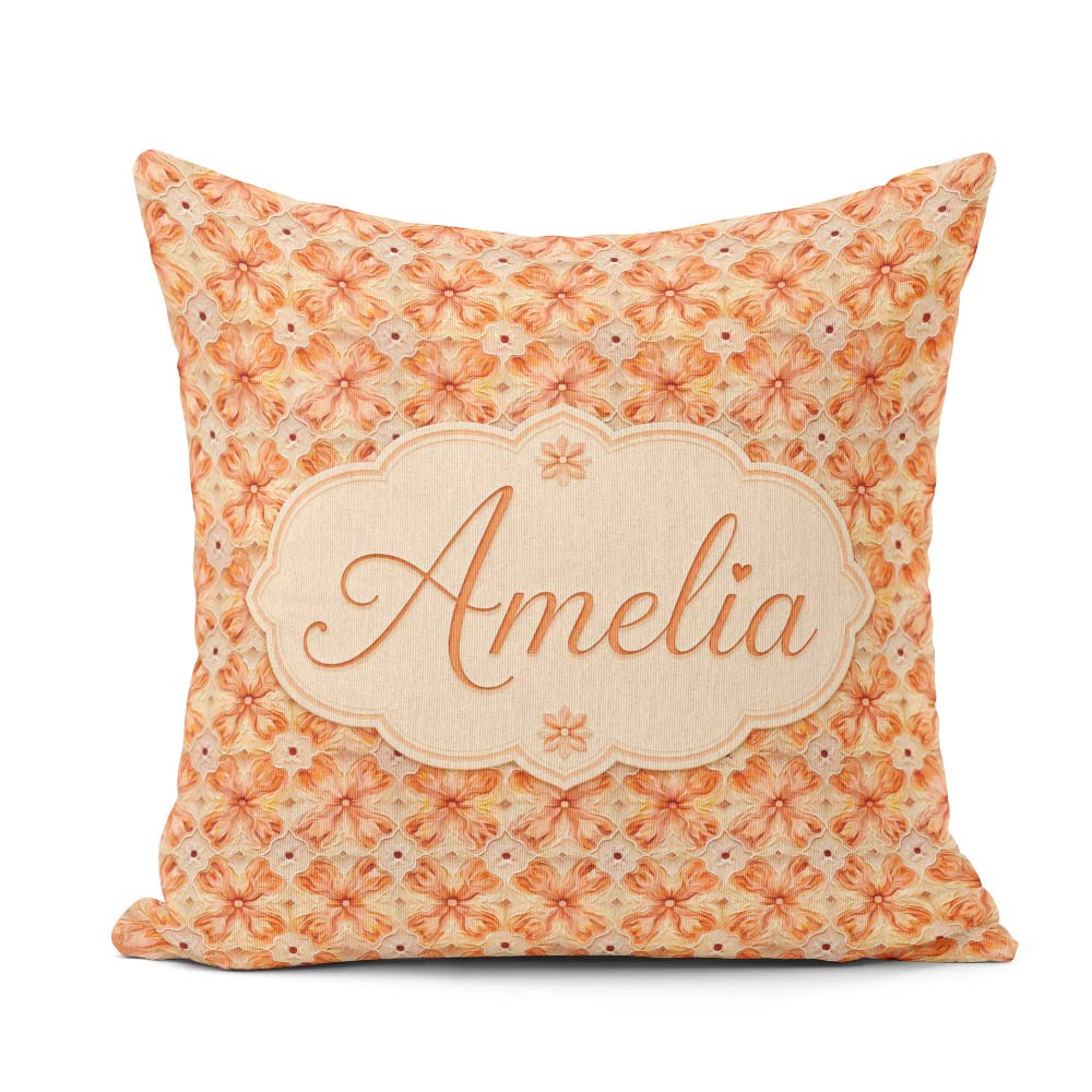 Custom Name Warm Orange Floral Mosaic Ornamental Seamless Lovely Square Filled Cushion Throw Pillow Sofa Bed Home Decor Zip Washable UK Made