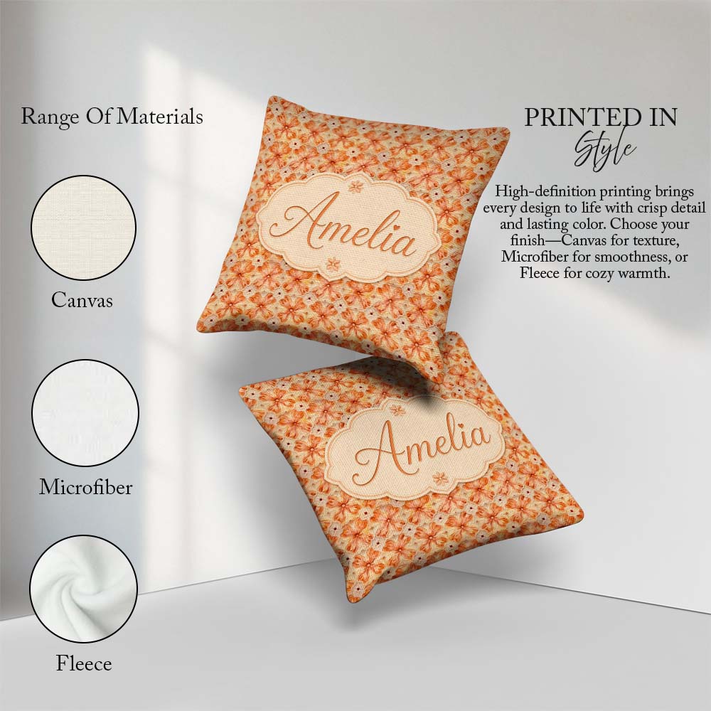 Custom Name Warm Orange Floral Mosaic Ornamental Seamless Lovely Square Filled Cushion Throw Pillow Sofa Bed Home Decor Zip Washable UK Made