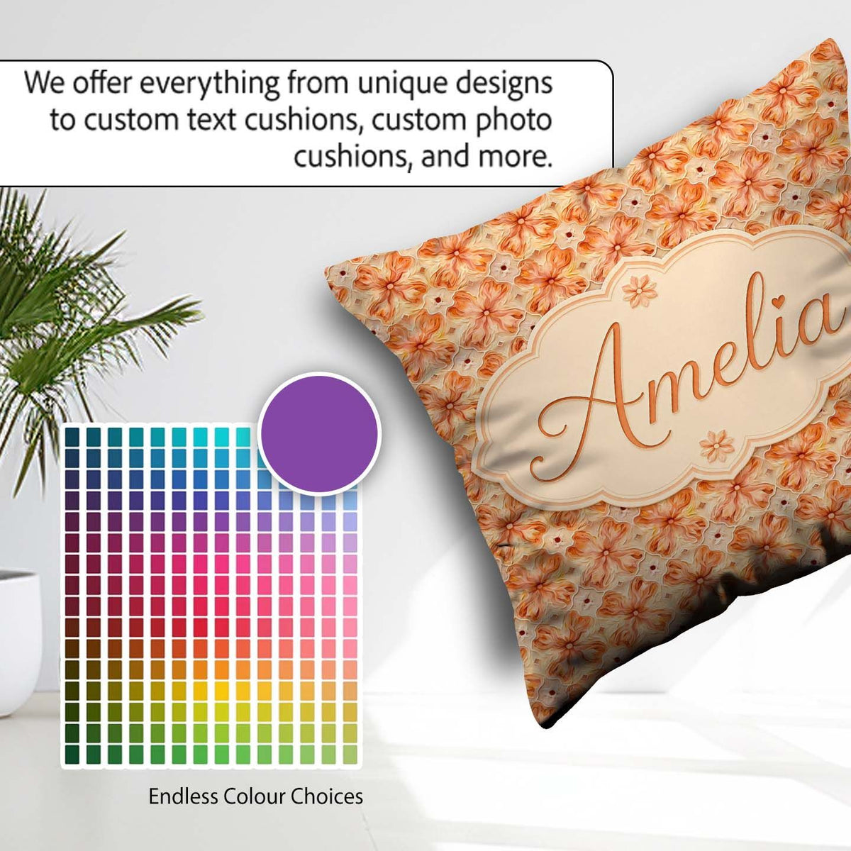 Custom Name Warm Orange Floral Mosaic Ornamental Seamless Lovely Square Filled Cushion Throw Pillow Sofa Bed Home Decor Zip Washable UK Made