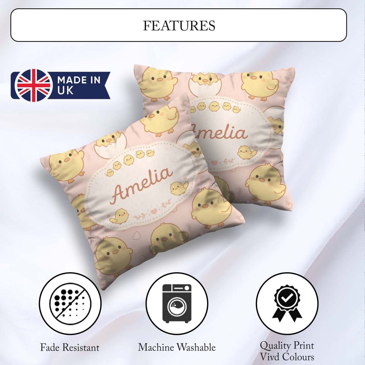 Custom Name Cute Easter Chick Egg Cartoon Animal Pattern Idea Square Filled Cushion Throw Pillow Sofa Bed Home Decor Zip Washable UK Made