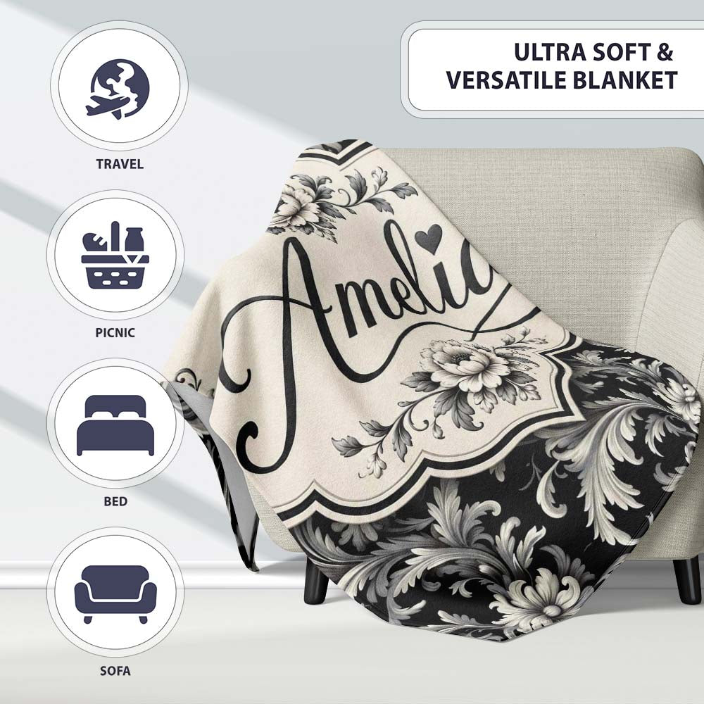 Classic Black and White Vintage Floral Scroll Seamless Pattern Personalised Custom Name Super Soft Fleece Blanket Bed Sofa Throw