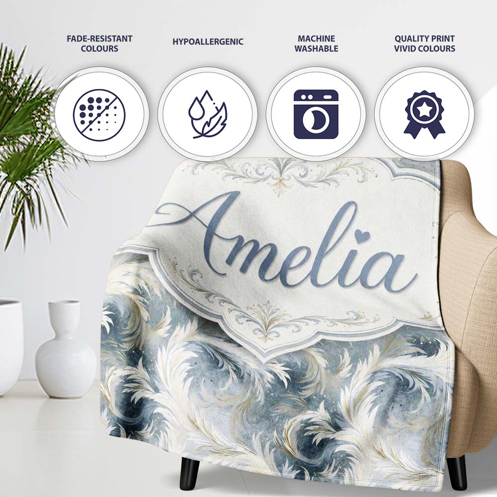 Soft Blue Grey Feather Swirl Abstract Seamless Pattern Lovely Personalised Custom Name Super Soft Fleece Blanket Bed Sofa Throw
