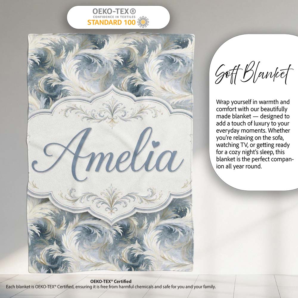 Soft Blue Grey Feather Swirl Abstract Seamless Pattern Lovely Personalised Custom Name Super Soft Fleece Blanket Bed Sofa Throw