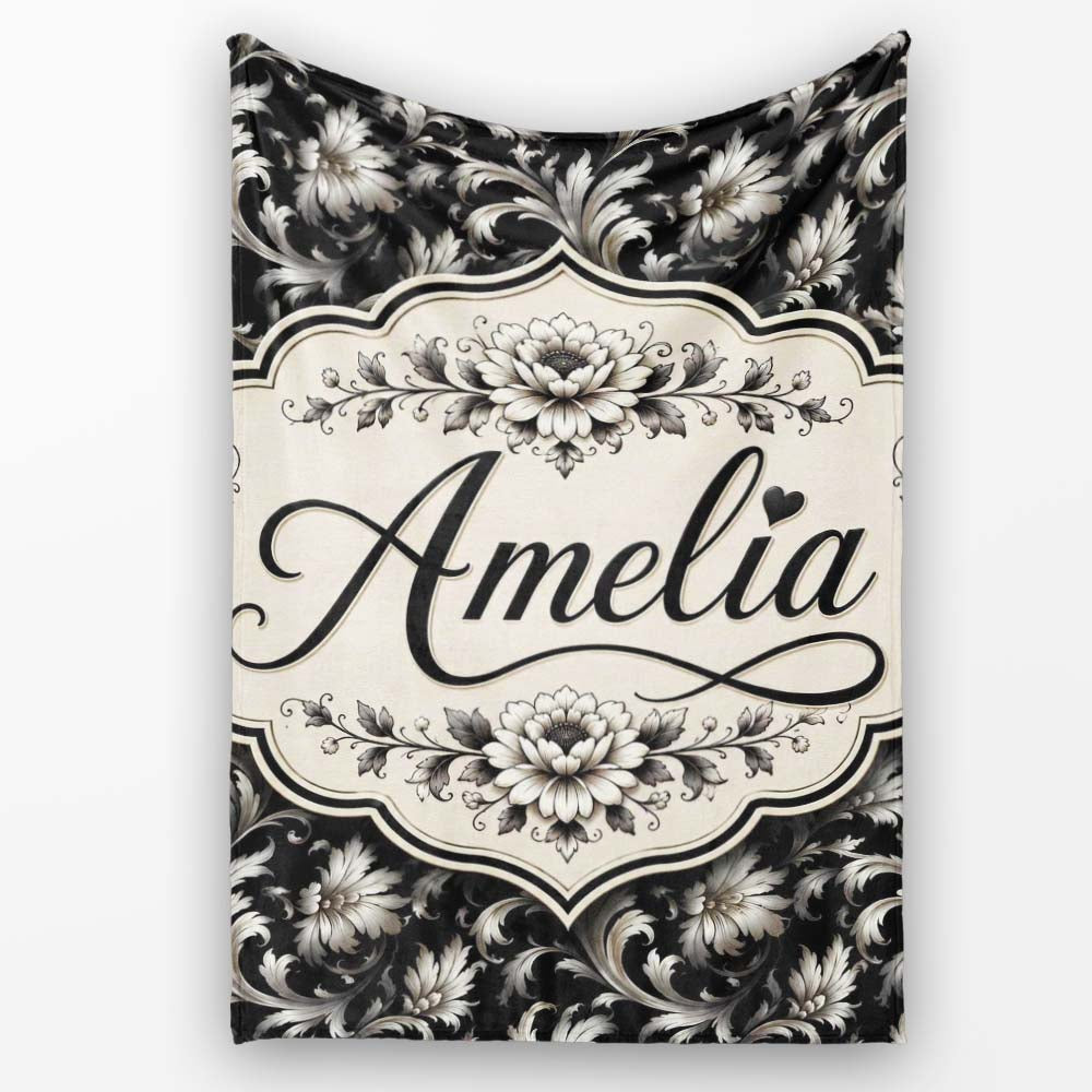 Luxury Black and Silver Floral Baroque Seamless Pattern Lovely Personalised Custom Name Super Soft Fleece Blanket Bed Sofa Throw
