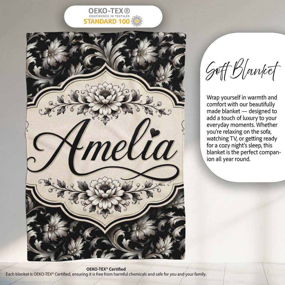 Luxury Black and Silver Floral Baroque Seamless Pattern Lovely Personalised Custom Name Super Soft Fleece Blanket Bed Sofa Throw