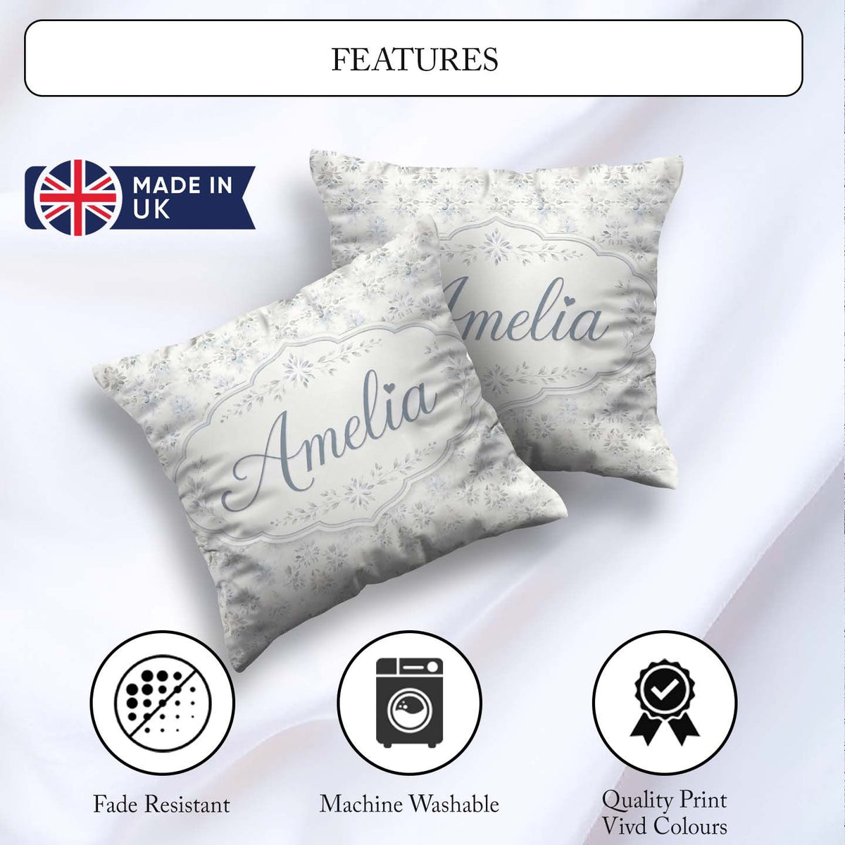 Custom Name Minimal Soft Grey Botanical Floral Seamless Pattern Square Filled Cushion Throw Pillow Sofa Bed Home Decor Zip Washable UK Made