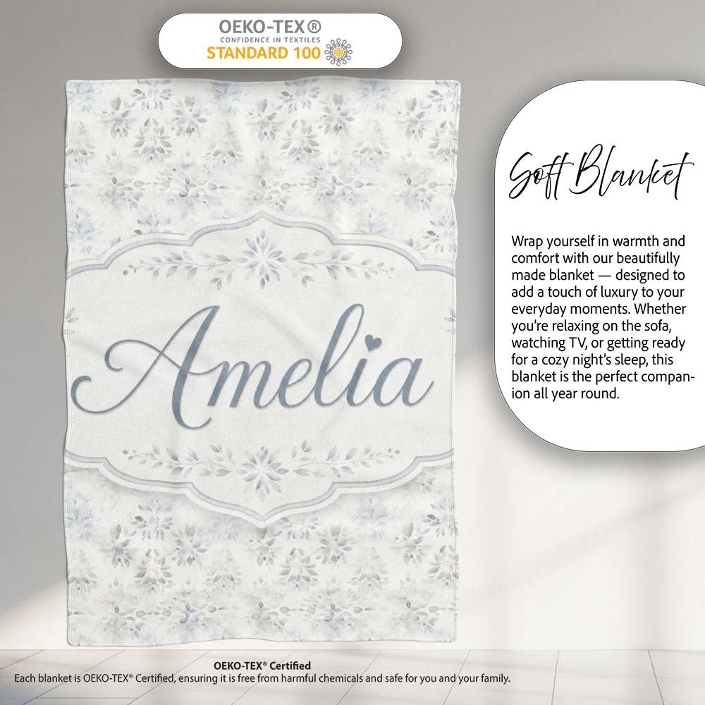 Minimal Soft Grey Botanical Floral Repeat Seamless Pattern Lovely Personalised Custom Name Super Soft Fleece Blanket Bed Sofa Throw