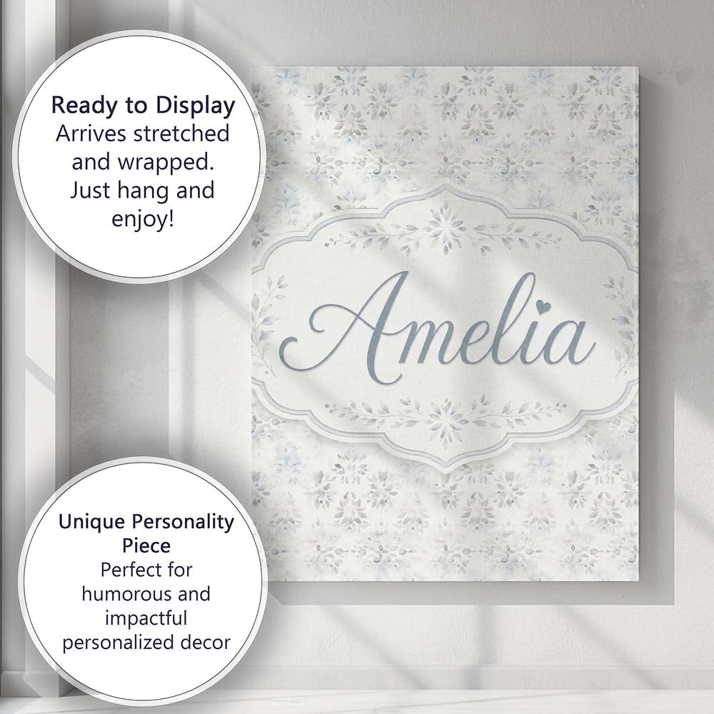 Personalised Name Minimal Soft Grey Botanical Custom Unique Gift Idea Modern Room Accent Canvas Wall Art Print Decor Picture Ready to Hang