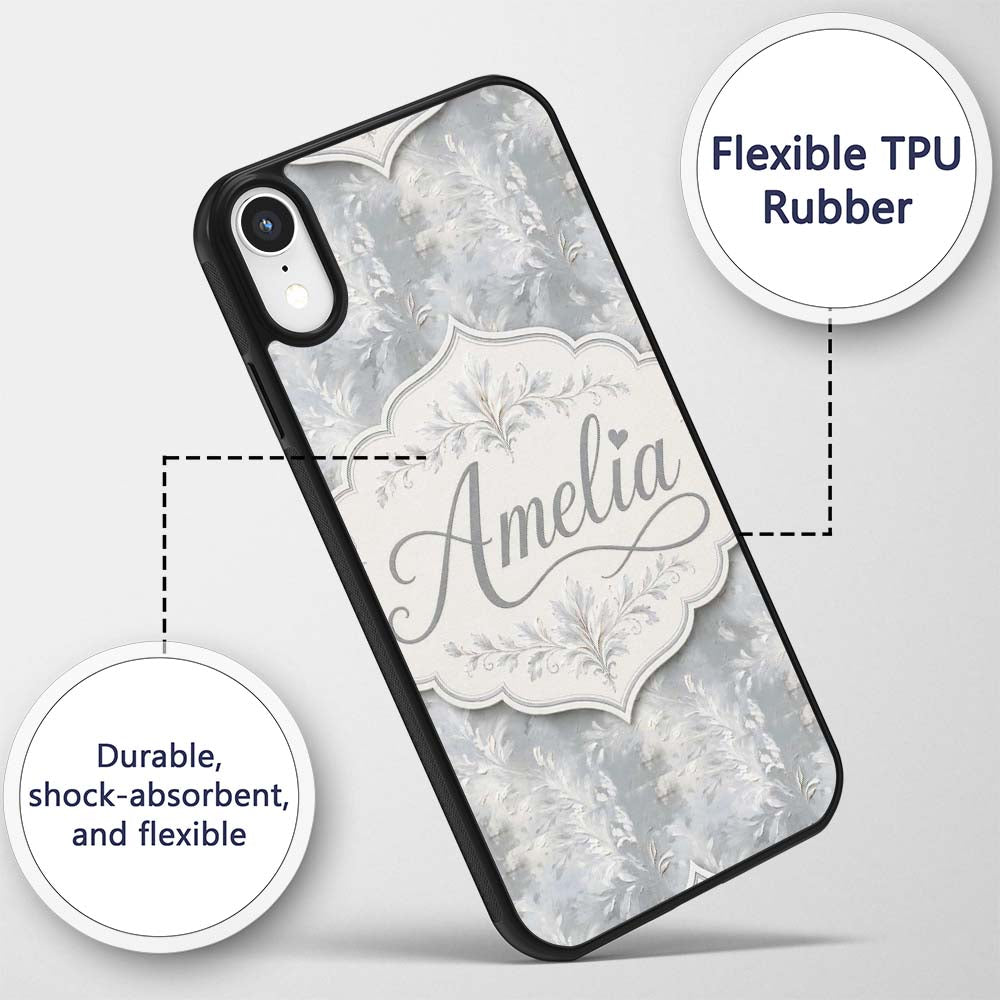 Muted Grey Artistic Leaf Brush Texture Seamless Custom Name Protective Phone Case Mobile Cover Durable Everyday Smartphone Shock Resistant