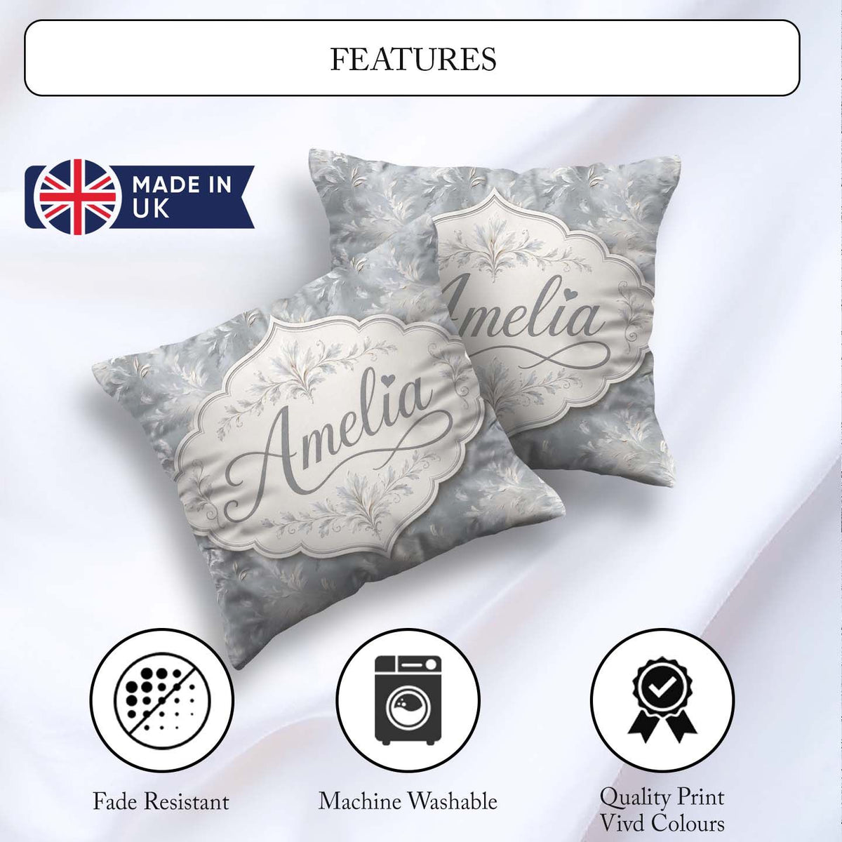 Custom Name Muted Grey Artistic Brush Texture Seamless Pattern Square Filled Cushion Throw Pillow Sofa Bed Home Decor Zip Washable UK Made