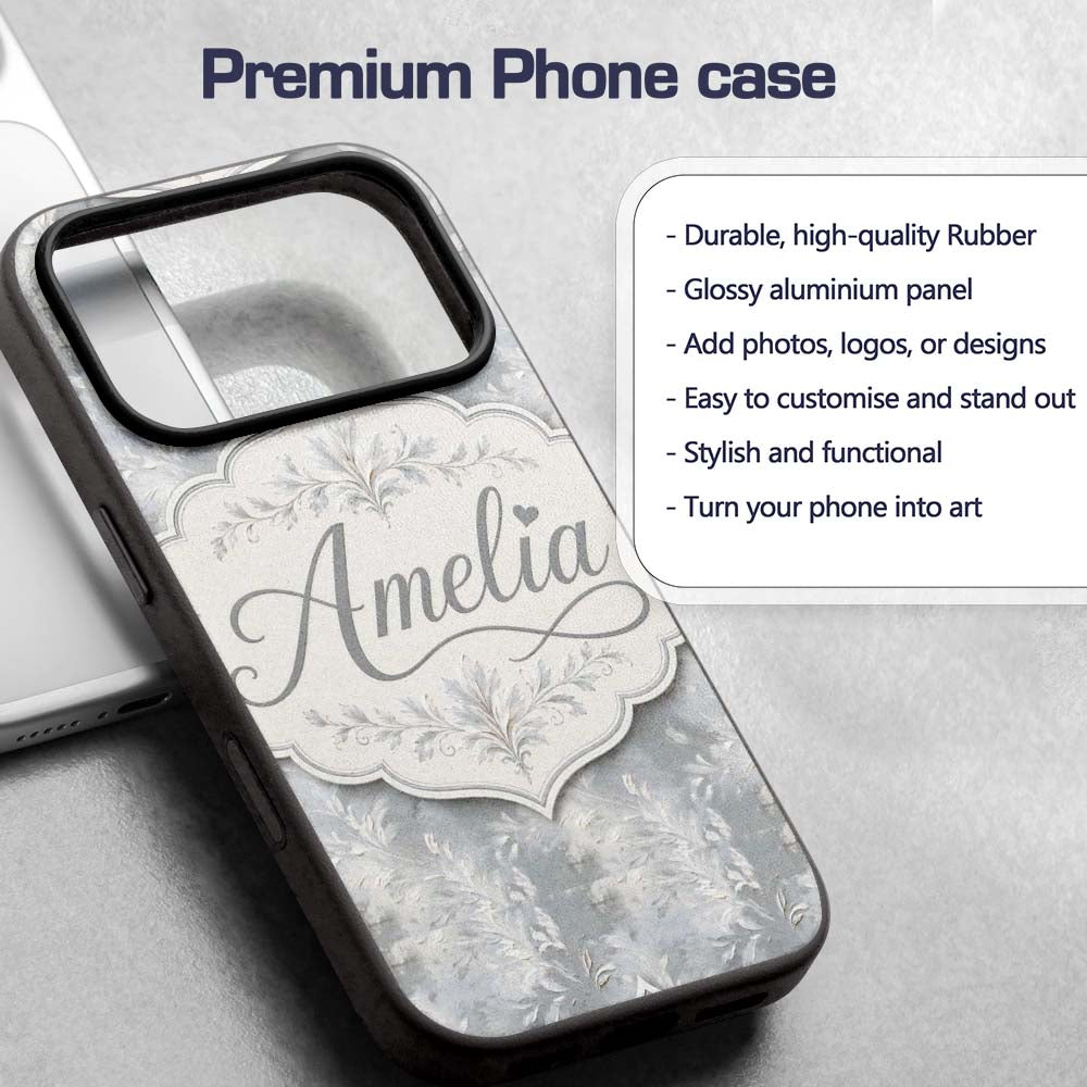 Muted Grey Artistic Leaf Brush Texture Seamless Custom Name Protective Phone Case Mobile Cover Durable Everyday Smartphone Shock Resistant