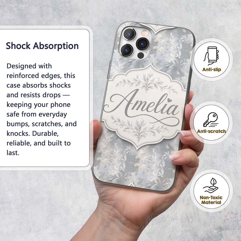 Muted Grey Artistic Leaf Brush Texture Seamless Custom Name Protective Phone Case Mobile Cover Durable Everyday Smartphone Shock Resistant
