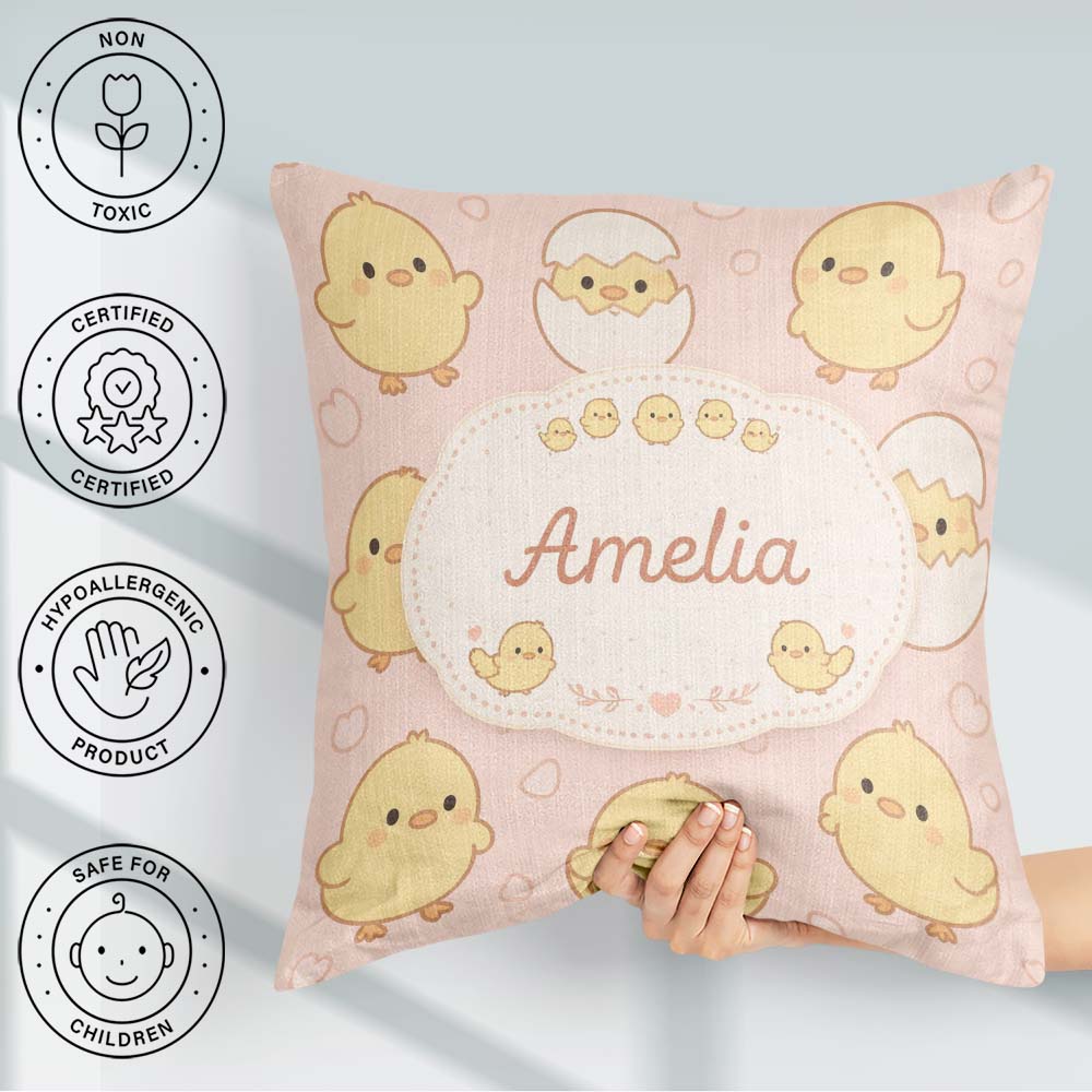 Custom Name Cute Easter Chick Egg Cartoon Animal Pattern Idea Square Filled Cushion Throw Pillow Sofa Bed Home Decor Zip Washable UK Made
