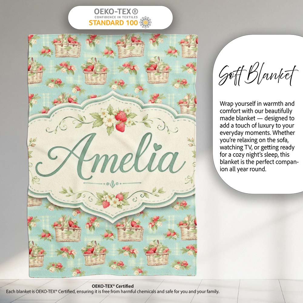 Vintage Strawberry Basket Floral Soft Blue Background Seamless Personalised Custom Name Super Soft Fleece Blanket Bed Sofa Throw