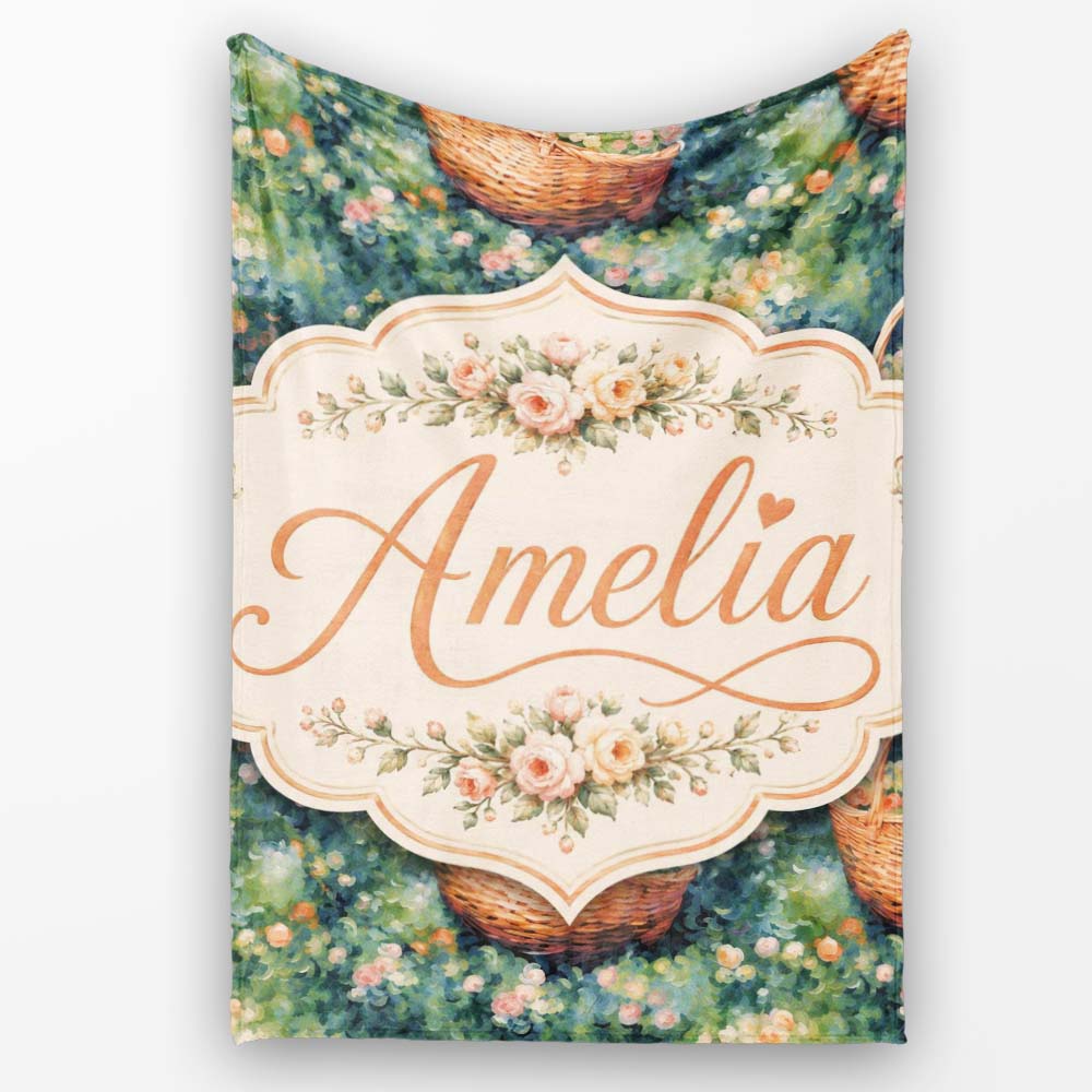 Artistic Wicker Basket in Blooming Garden Seamless Pattern Lovely Personalised Custom Name Super Soft Fleece Blanket Bed Sofa Throw