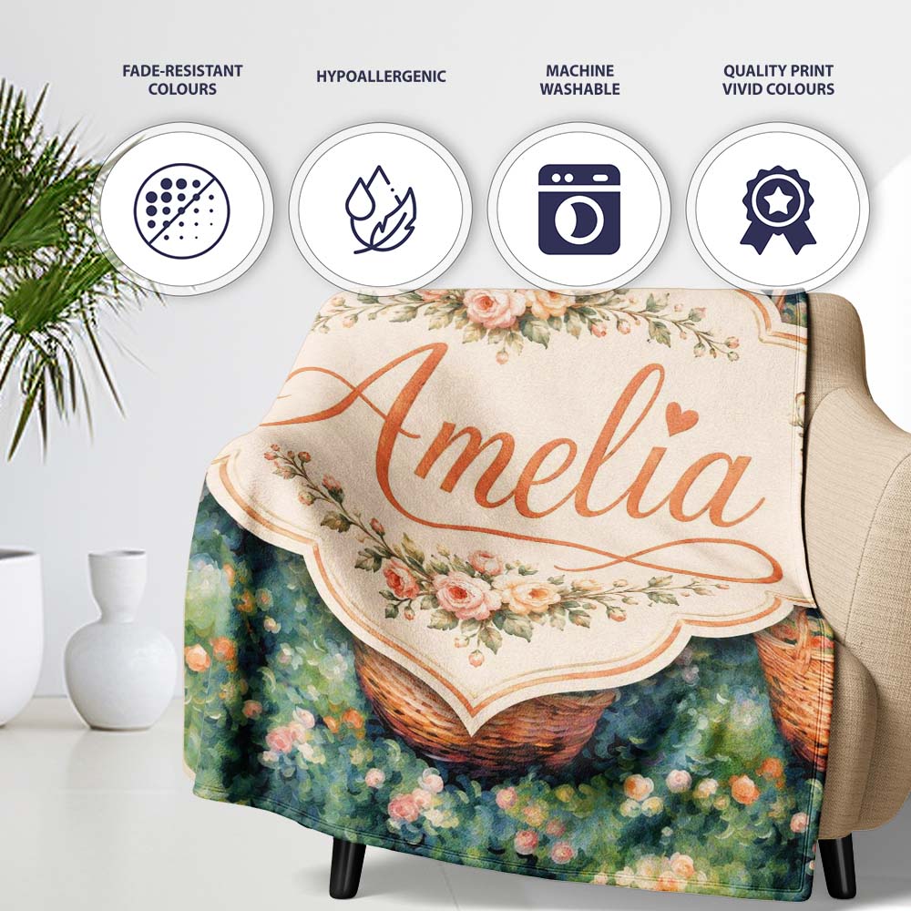 Artistic Wicker Basket in Blooming Garden Seamless Pattern Lovely Personalised Custom Name Super Soft Fleece Blanket Bed Sofa Throw