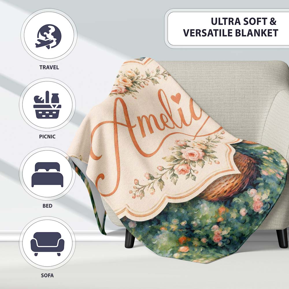 Artistic Wicker Basket in Blooming Garden Seamless Pattern Lovely Personalised Custom Name Super Soft Fleece Blanket Bed Sofa Throw