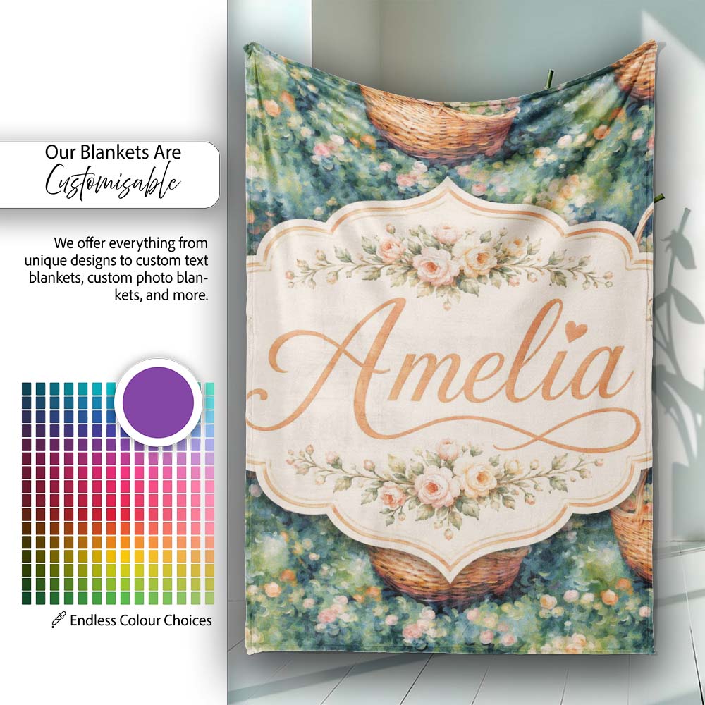 Artistic Wicker Basket in Blooming Garden Seamless Pattern Lovely Personalised Custom Name Super Soft Fleece Blanket Bed Sofa Throw