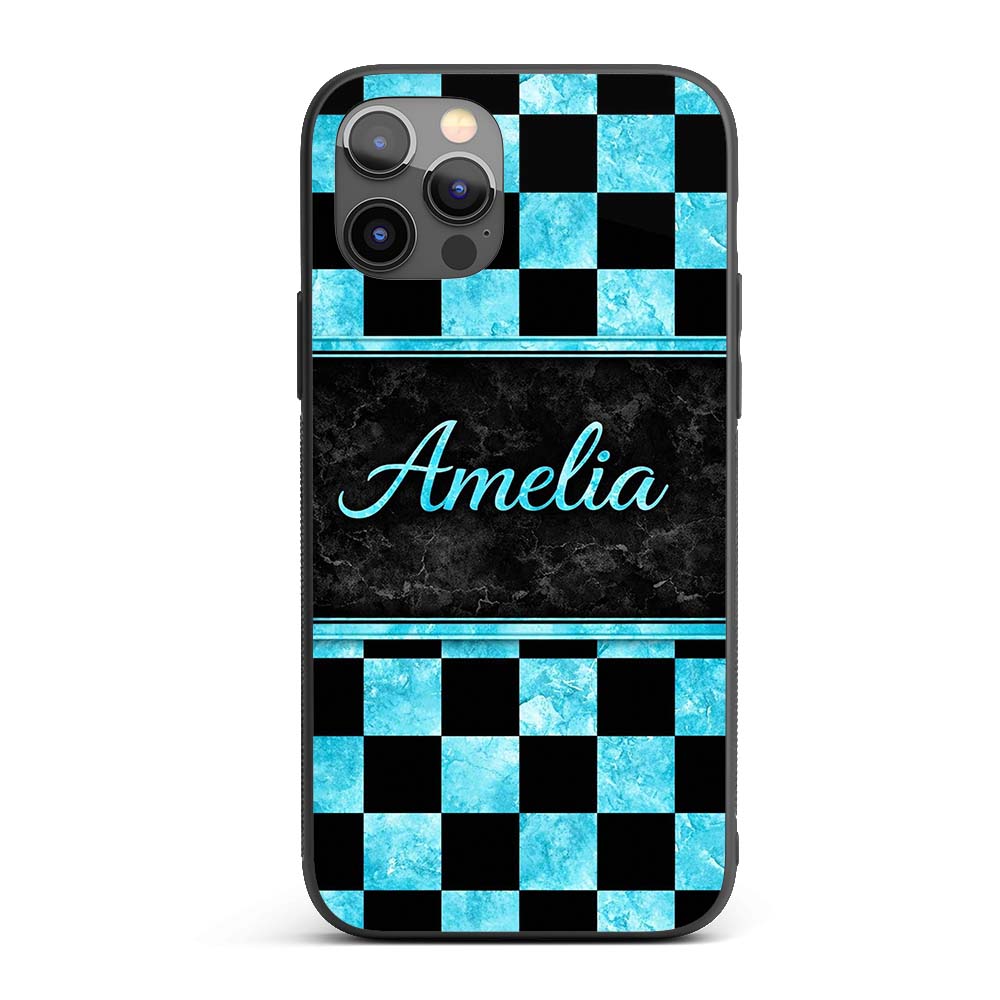 Wavy Checkered Black Teal Abstract Printed Design Custom Name Protective Phone Case Mobile Cover Durable Everyday Smartphone Shock Resistant