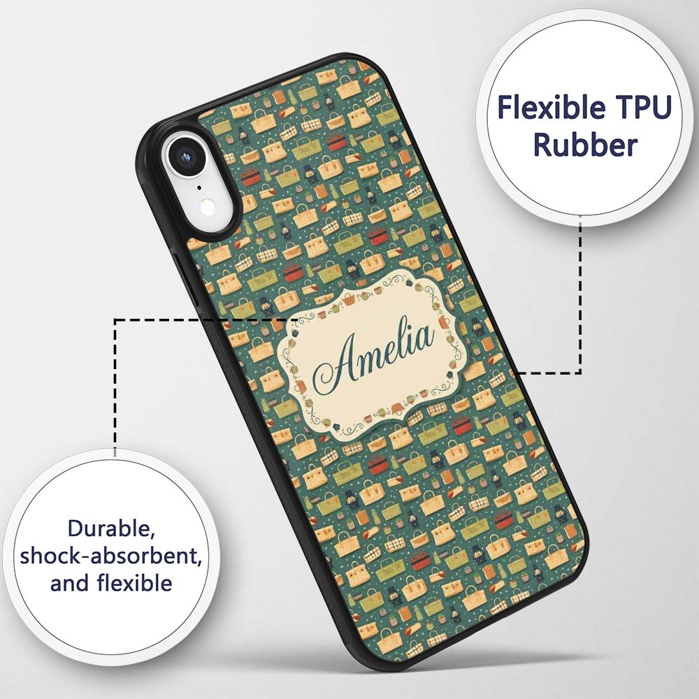 Cute Picnic Baskets and Camping Items Dark Green Custom Name Protective Phone Case Mobile Cover Durable Everyday Smartphone Shock Resistant