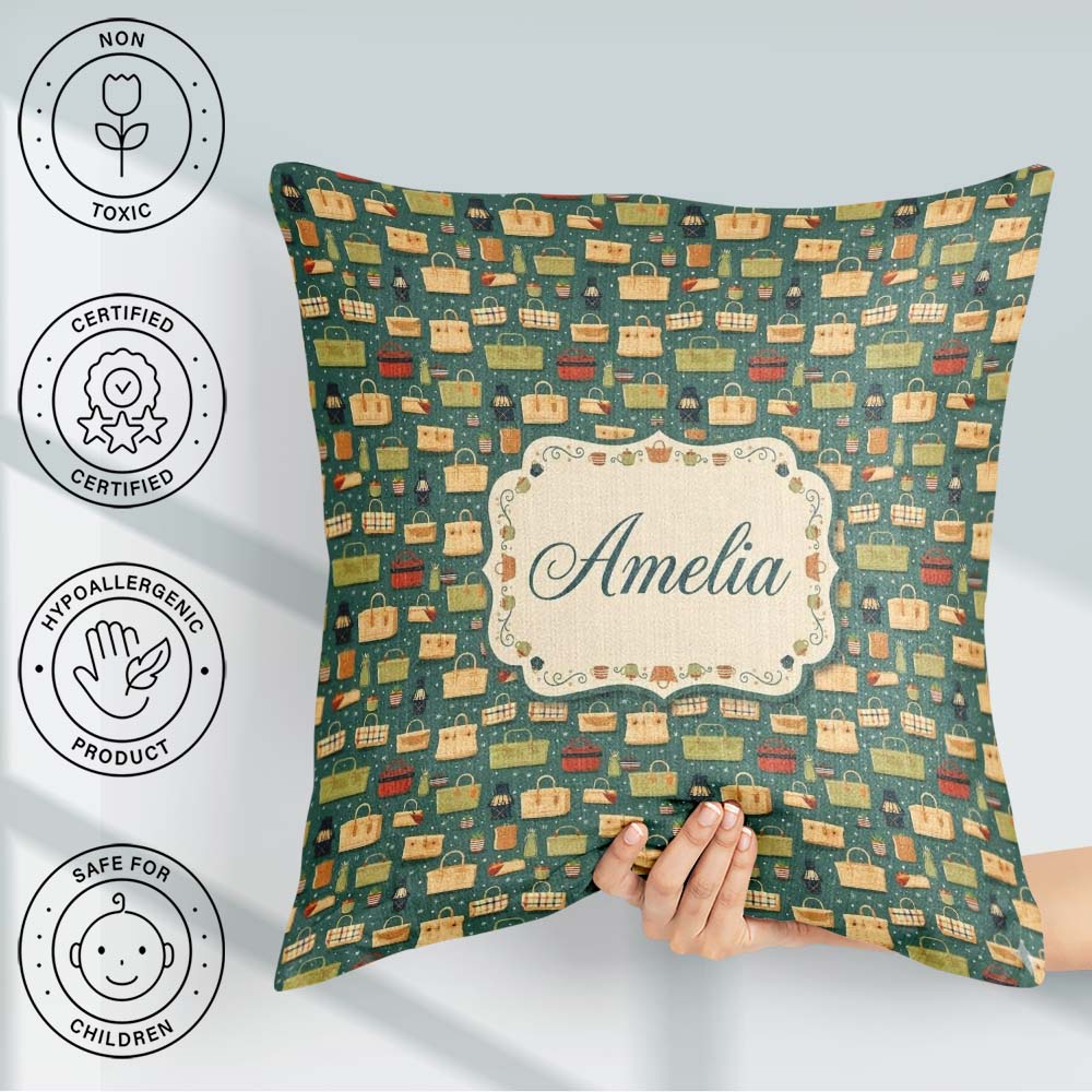 Custom Name Picnic Baskets and Camping Items Dark Green Seamless Square Filled Cushion Throw Pillow Sofa Bed Home Decor Zip Washable UK Made