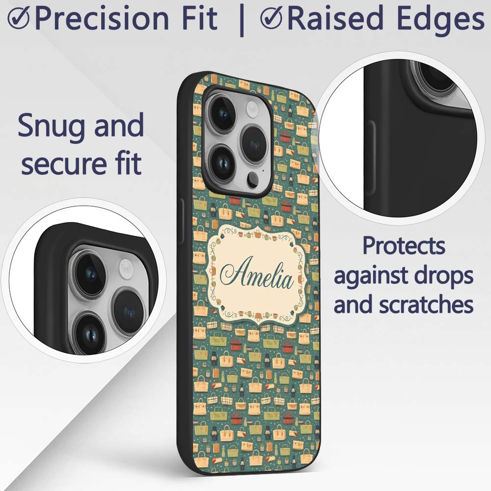 Cute Picnic Baskets and Camping Items Dark Green Custom Name Protective Phone Case Mobile Cover Durable Everyday Smartphone Shock Resistant