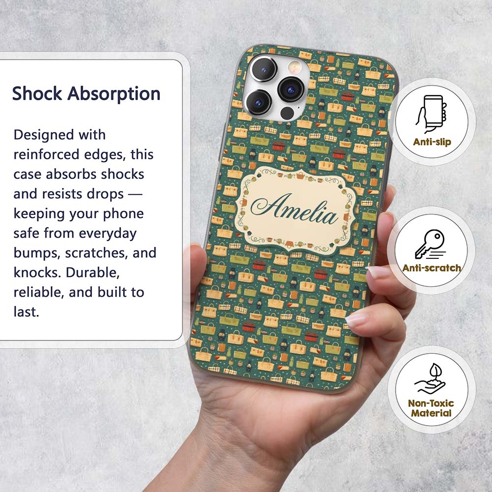 Cute Picnic Baskets and Camping Items Dark Green Custom Name Protective Phone Case Mobile Cover Durable Everyday Smartphone Shock Resistant