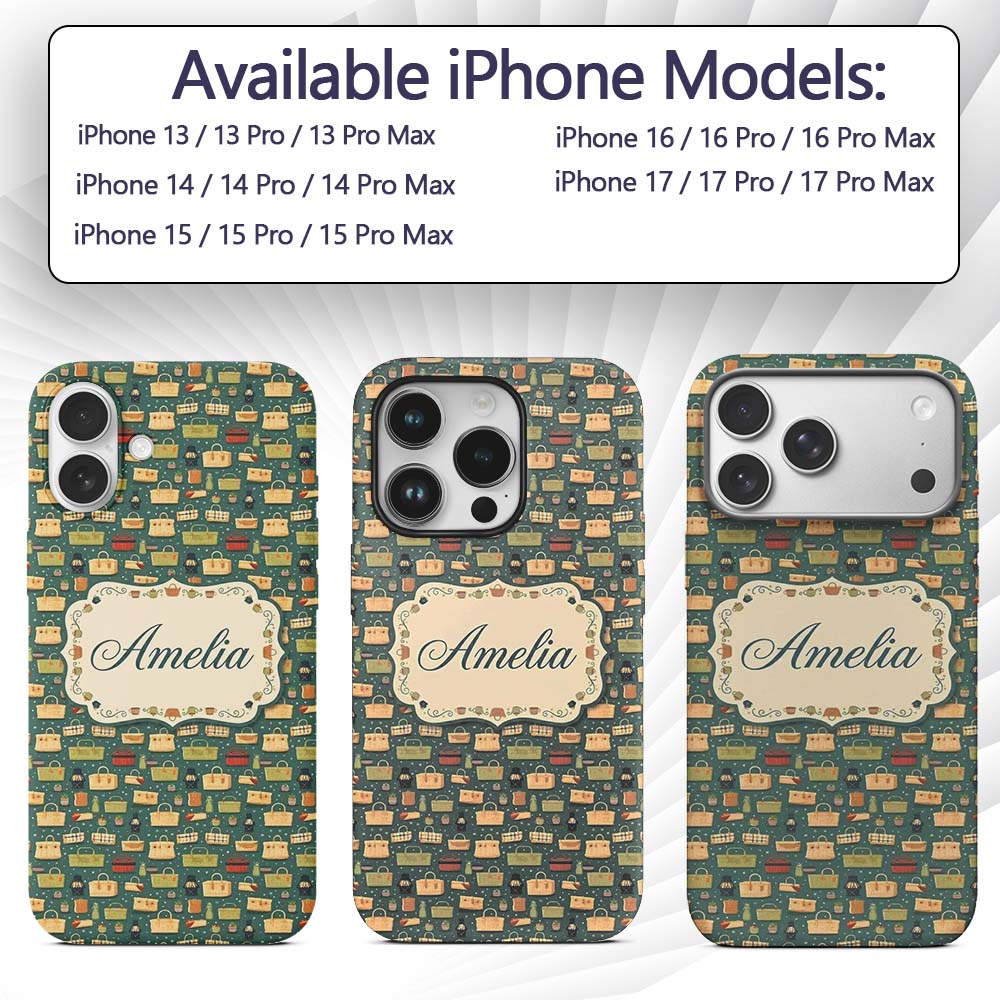 Cute Picnic Baskets and Camping Items Dark Green Custom Name Protective Phone Case Mobile Cover Durable Everyday Smartphone Shock Resistant