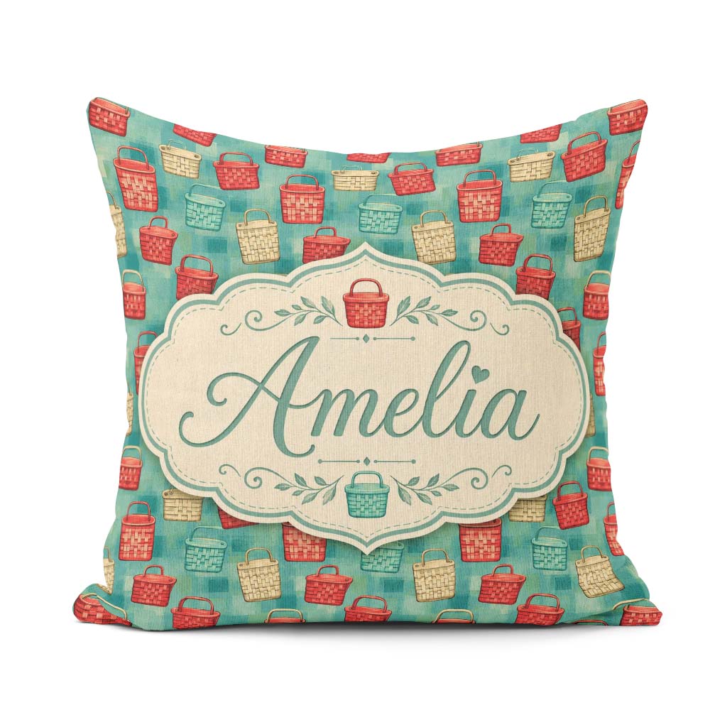 Custom Name Colorful Woven Basket Style Seamless Pattern Lovely Square Filled Cushion Throw Pillow Sofa Bed Home Decor Zip Washable UK Made
