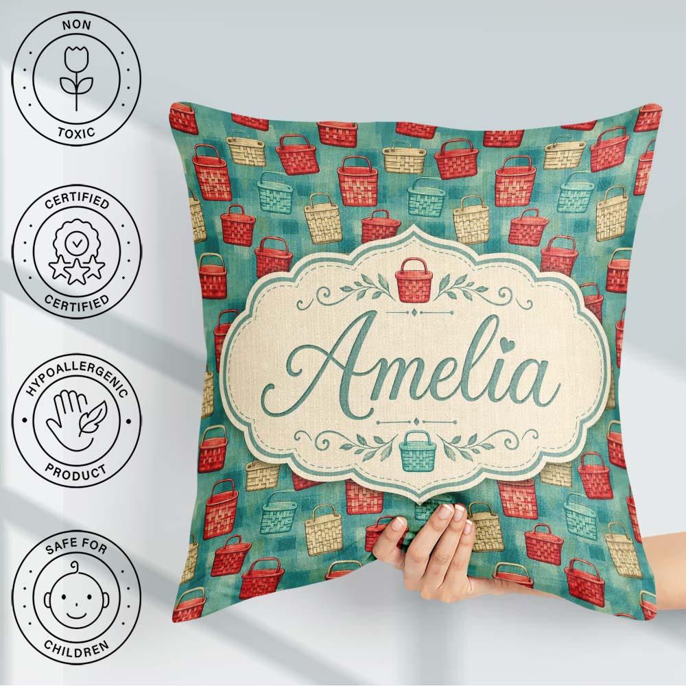 Custom Name Colorful Woven Basket Style Seamless Pattern Lovely Square Filled Cushion Throw Pillow Sofa Bed Home Decor Zip Washable UK Made