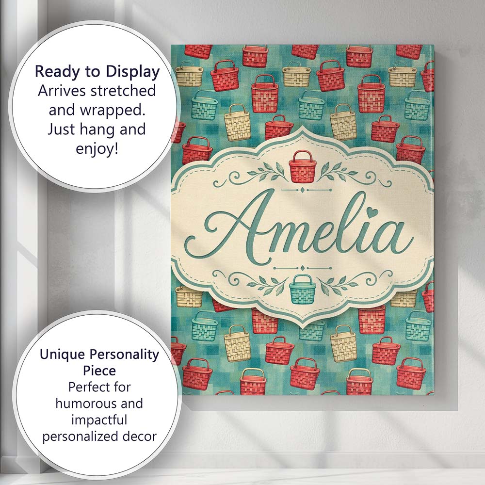 Personalised Name Colorful Woven Basket Custom Modern Room Accent Elegant Feature Canvas Wall Art Print Decor Picture Ready to Hang
