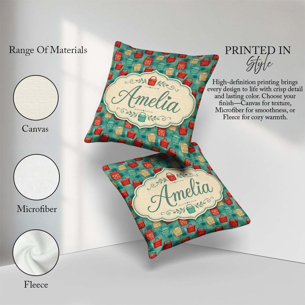 Custom Name Colorful Woven Basket Style Seamless Pattern Lovely Square Filled Cushion Throw Pillow Sofa Bed Home Decor Zip Washable UK Made