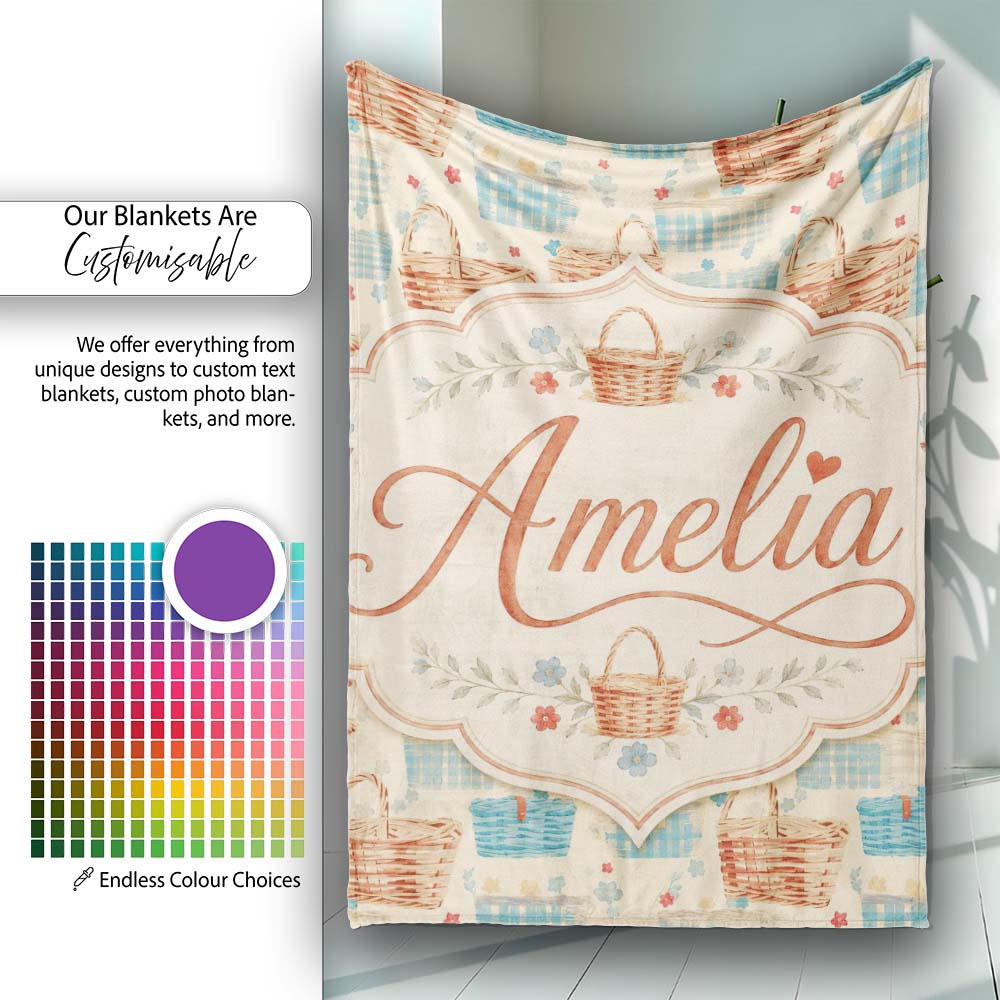 Rustic Picnic Basket and Checkered Cloth Seamless Pattern Lovely Personalised Custom Name Super Soft Fleece Blanket Bed Sofa Throw