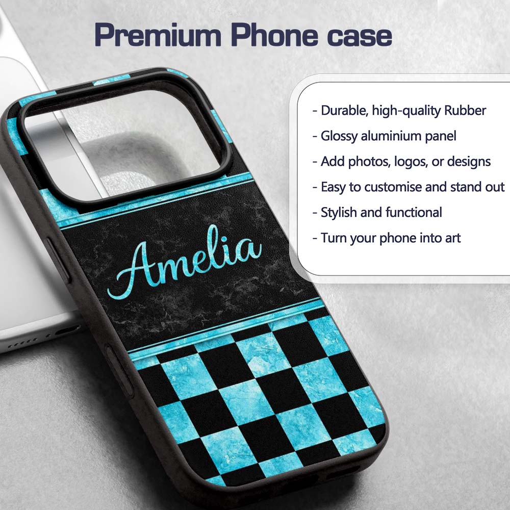 Wavy Checkered Black Teal Abstract Printed Design Custom Name Protective Phone Case Mobile Cover Durable Everyday Smartphone Shock Resistant