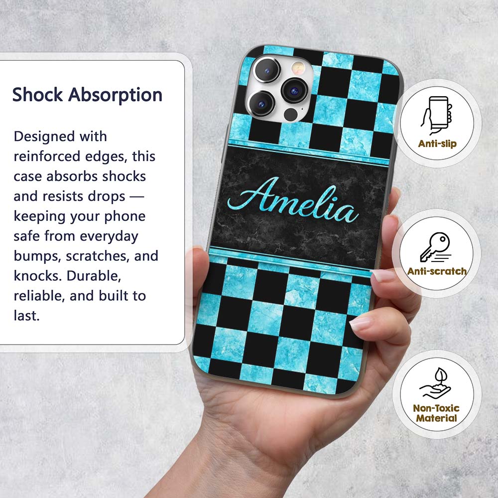 Wavy Checkered Black Teal Abstract Printed Design Custom Name Protective Phone Case Mobile Cover Durable Everyday Smartphone Shock Resistant