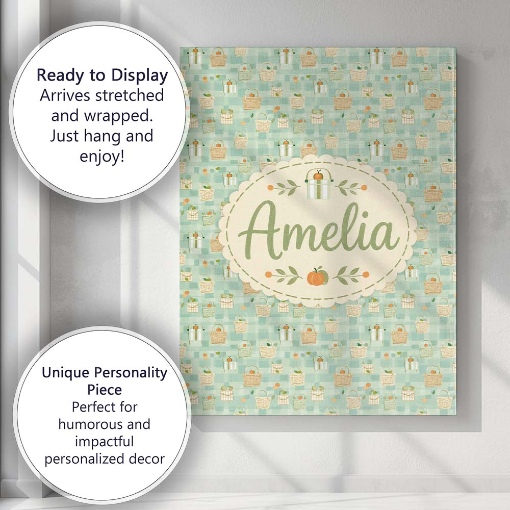 Personalised Name Soft Pastel Picnic Basket Custom Bespoke Interior Contemporary Canvas Wall Art Print Decor Picture Ready to Hang