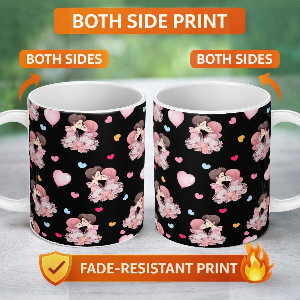 Personalized Custom Name Romantic Couple Kissing Floral Bouquet Hearts Seamless Pattern Black 11oz Ceramic Coffee Tea Mug White Large Handle