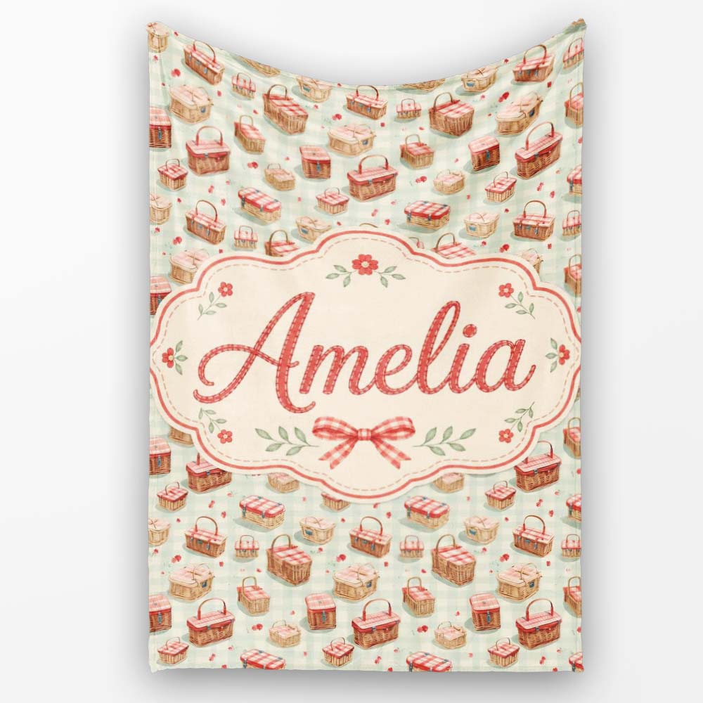 Vintage Picnic Basket with Red Check Pattern Seamless Pattern Lovely Personalised Custom Name Super Soft Fleece Blanket Bed Sofa Throw