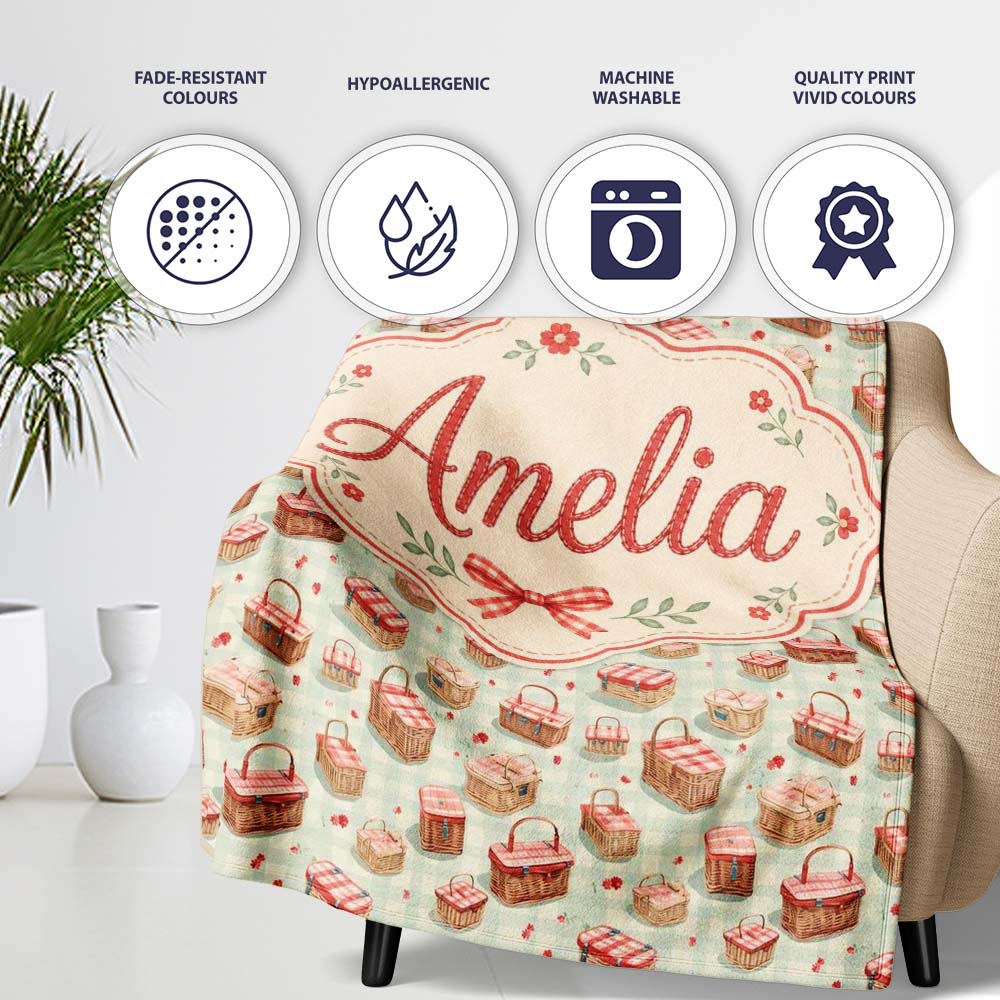 Vintage Picnic Basket with Red Check Pattern Seamless Pattern Lovely Personalised Custom Name Super Soft Fleece Blanket Bed Sofa Throw