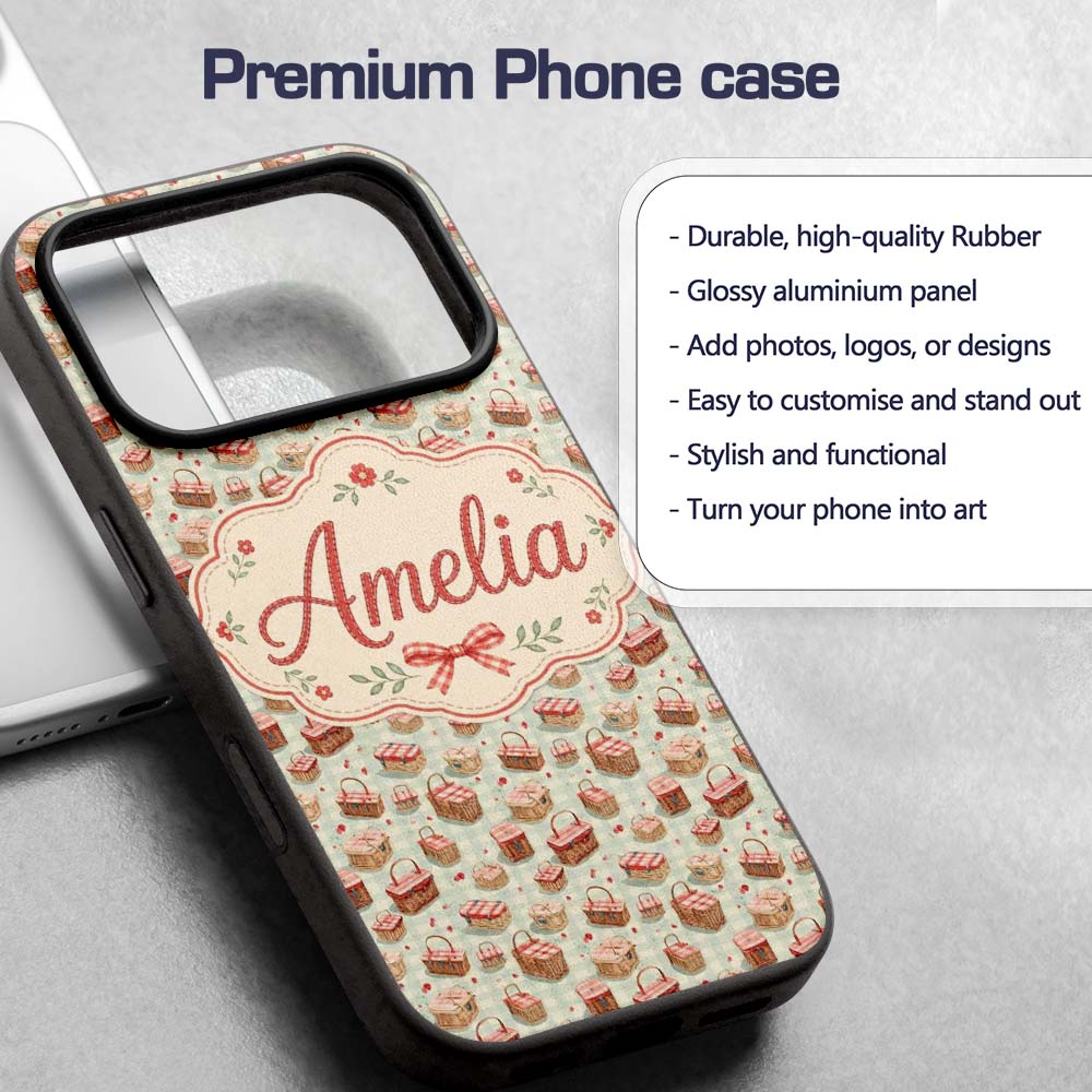 Vintage Picnic Basket with Red Check Pattern Custom Name Protective Phone Case Mobile Cover Durable Everyday Smartphone Shock Resistant