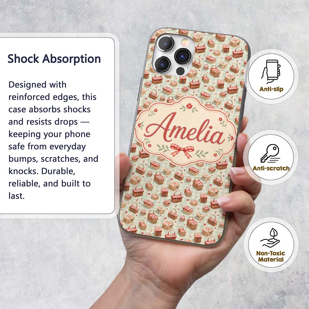 Vintage Picnic Basket with Red Check Pattern Custom Name Protective Phone Case Mobile Cover Durable Everyday Smartphone Shock Resistant