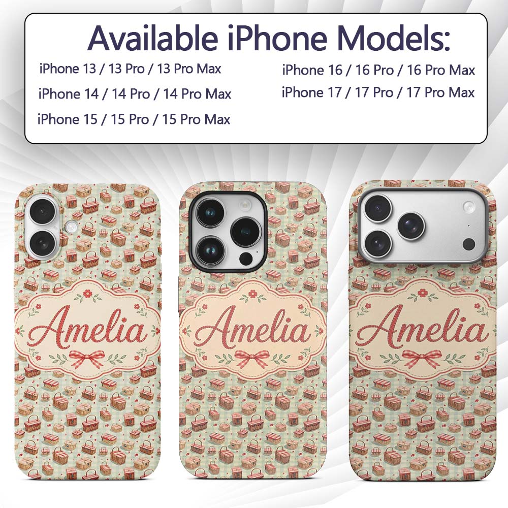 Vintage Picnic Basket with Red Check Pattern Custom Name Protective Phone Case Mobile Cover Durable Everyday Smartphone Shock Resistant