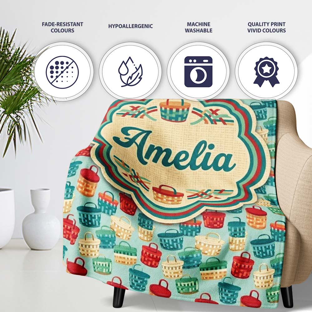 Colorful Woven Picnic Baskets Style Seamless Pattern Lovely Personalised Custom Name Super Soft Fleece Blanket Bed Sofa Throw